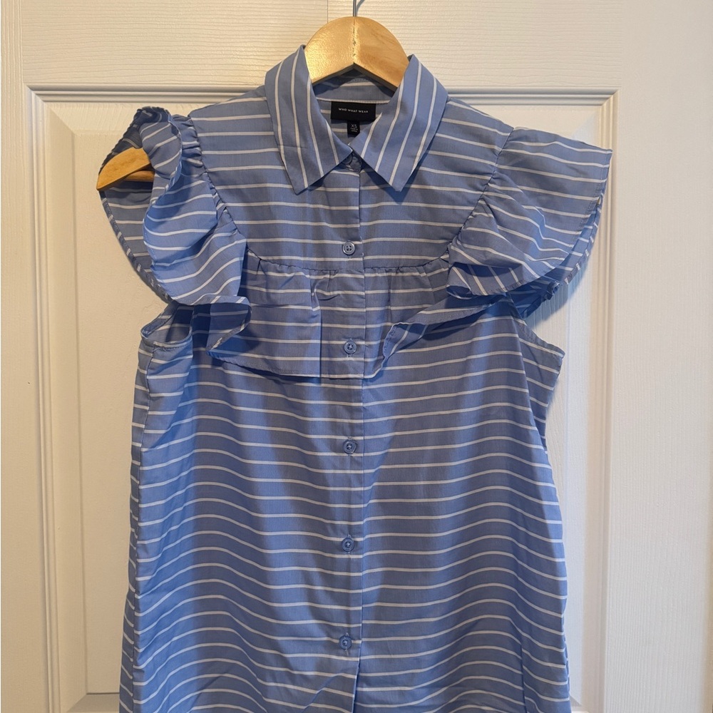 Who What Wear Light Blue and White Striped Blouse